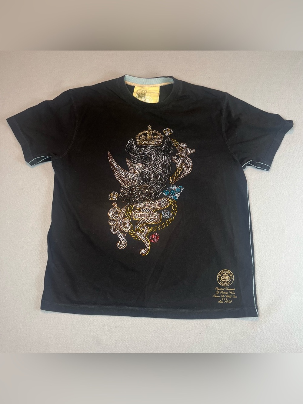 Vtg Ecko Unltd Rhino T Shirt XL Mens Black Rhinestone Graphic Y2K Streetwear